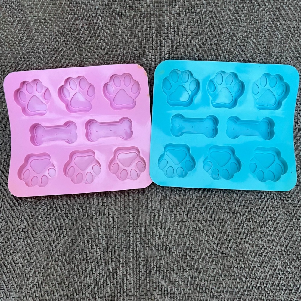 Set of 2 Silicone Pet Treat Molds Paw Print and Bone Shapes Pink and Blue